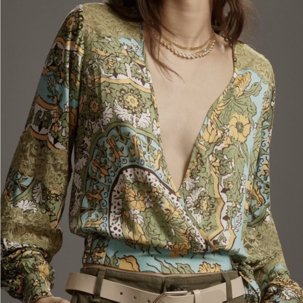 Floral V-Neck Blouse - Green and Blue